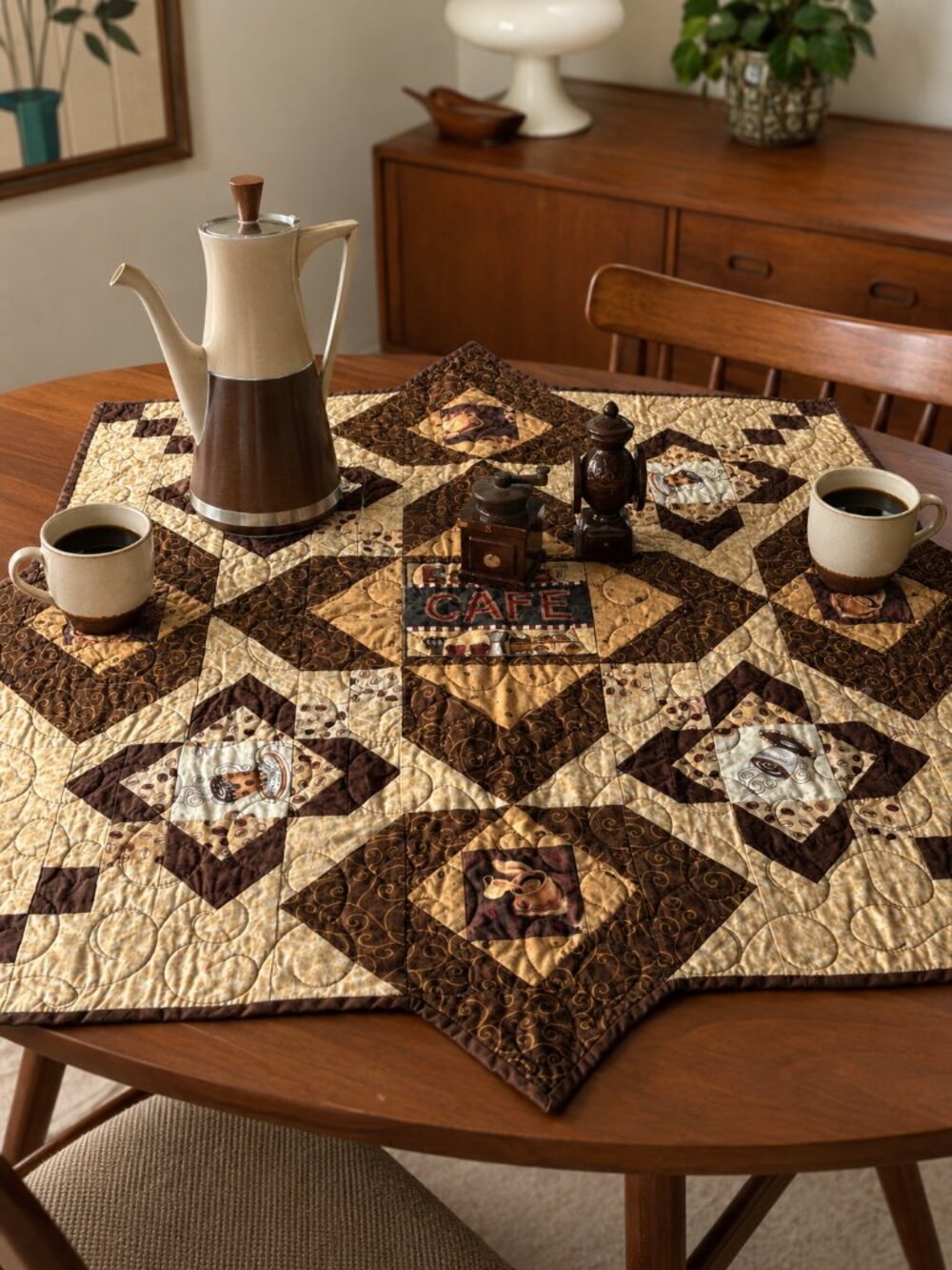 Handmade Quilted Coffee Café Table Topper 34” Square Pristine